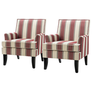 Wooden Upholstery Armchair, Set of 2, Stripe Red