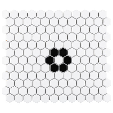 Metro Hex Matte Porcelain Mosaic Floor and Wall Tile, White W/Flower