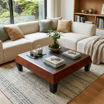 Brown Black Geometric Pattern Square Block Legs Coffee Table GB722