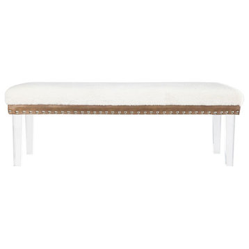 Brianna Modern Luxury Faux Fur Upholstered Bench with Clear Legs, Snow