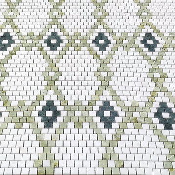 Thassos White Marble Square Diamond Mosaic Tile w/ Green Marble Honed, 1 sheet