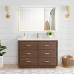 Vinnova Inc - Porto Bath Vanity with White Quartz Stone Top, Dark Brown Oak, 48 in., No Mirror - Transform your bathroom into a haven of style and sophistication with our Porto Series Freestanding Bathroom Vanity a piece that embodies fine craftsmanship and everyday practicality. This exquisite vanity combines the textured warmth and elegance of solid oak with pristine white quartz, resulting in a look that's both inviting and visually captivating. Deep dovetail drawers with partitions allow you to keep your essentials concealed and organized.