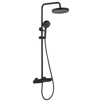 Thermostatic Wall Mounted Shower System with Multi-Function Hand Shower, Matte Black