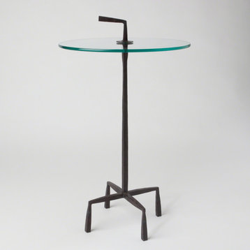 Minimalist Round Iron Glass Top Table w Handle  Portable Carry Tripod Accent