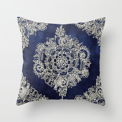 Cream Floral Moroccan Pattern on Deep Indigo Ink by Micklyn - Decorative Pillows