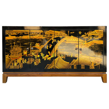 Black Golden Scenery Graphic Sideboard Buffet Console Table Cabinet Hcs7643