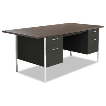 Transitional Desk, Large Worktop & Multiple Drawers With Aluminum Pulls, Walnut