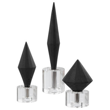3-Piece Geometric Faceted Black Marble Finial Set, Diamond