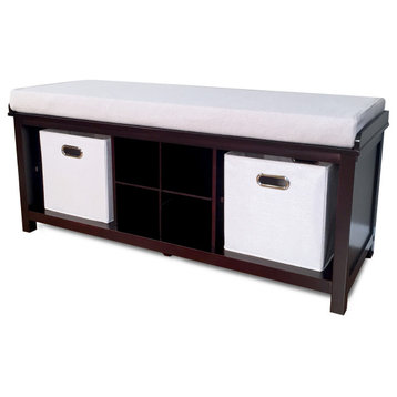 Solid Wood Entry Bench with 2 Bins and 1 Shoe Divider, Espresso