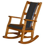Sunny Designs - Rustic Rocker - The Rustic Rocker from Sunny Designs, Inc. features a high supportive back, plush padded seat and smooth black upholstery. A sturdy wooden frame in a warm rustic oak finish lends it a classic, homespun feel that's perfect for your traditional, farmhouse or craftsman home.