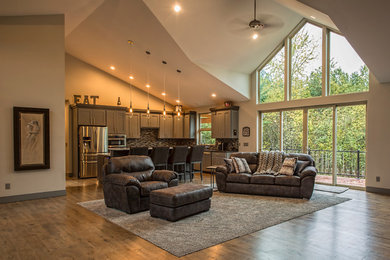 Living room - large contemporary formal and open concept medium tone wood floor and brown floor living room idea in Seattle with beige walls, no tv, a standard fireplace and a metal fireplace
