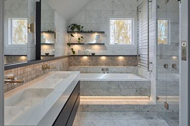 Design ideas for a large contemporary master bathroom in Melbourne with flat-panel cabinets, medium wood cabinets, an alcove tub, mosaic tile, marble floors, solid surface benchtops, white benchtops, a niche, a double vanity and a floating vanity.