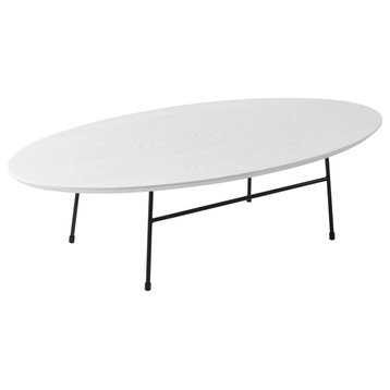 LeisureMod Rossmore Oval Coffee Table with Black Steel Frame, White
