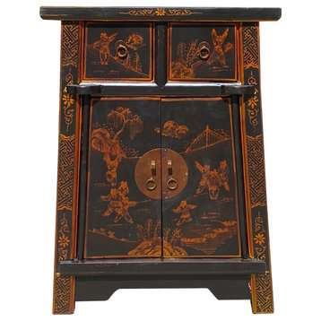 Chinese Rustic Black Copper Graphic End Table Nightstand Hcs7409