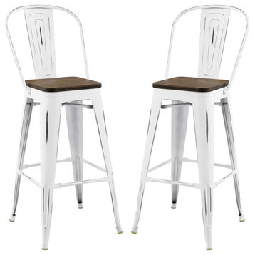 Bar Stool Chair Barstool, Set of 2, Wood, Metal, White, Modern, Bar Pub Bistro