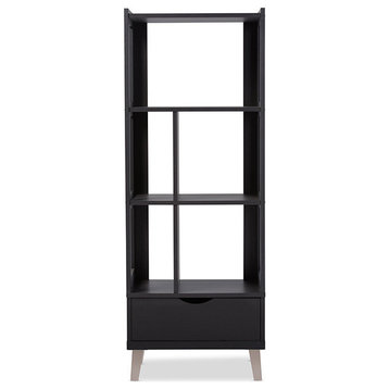 Kalien Leaning Bookcase With Display Shelves and One Drawer, Dark Brown