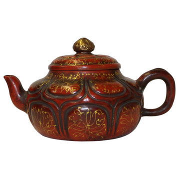 Chinese Zisha Clay Brown Golden Scenery Teapot Display