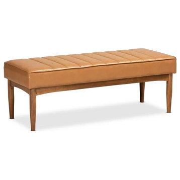 Midcentury Modern Dining Bench, Cushioned Tan Faux Leather Seat, Channel Tufting