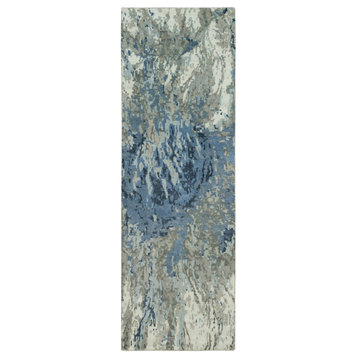 Yonder Blue Galaxy Design Wool and Silk Hand Knotted Runner Rug 2'6" x 8'