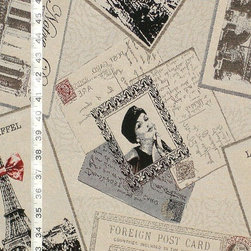 Retro fabric Eiffel tower Paris, France French postcard vintage hats 45" - Upholstery Fabric