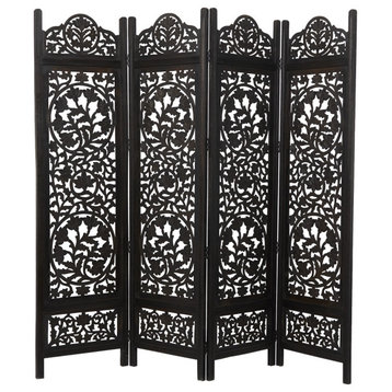 Classic Room Divider, Wooden Panels With Unique Carving Details, Black/4 Panels