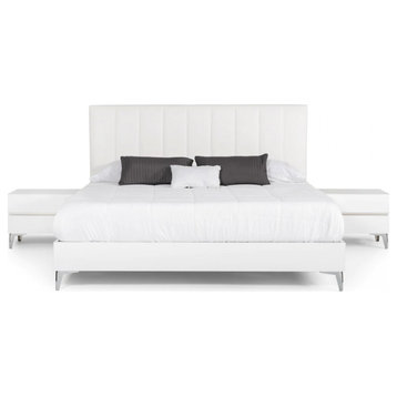 Yancey Italian Modern White Eco Leather Bed With Nightstands, Queen
