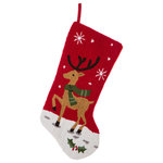 Glitzhome - 19"L Hooked Stocking, Reindeer - Everyone knows Christmas is here when the reindeer are in town. This stocking features an adorable prancing reindeer bundled up with a green scarf contrasted with a Christmas red background. Hang it by your fireplace or wherever you display your stocks and fill your home with Christmas cheer this holiday season.