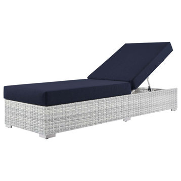 Lounge Chair Chaise, Rattan, Wicker, Gray Blue Navy, Modern, Outdoor Patio