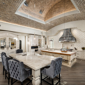 Double Island Kitchen with Vaulted Brick Ceiling