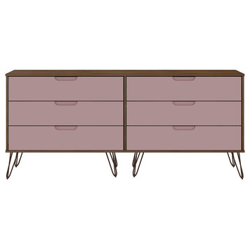 Midcentury Dresser, Metal Legs and Drawers With Cutout Pulls, Native/Rose Pink