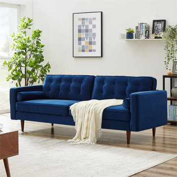 Madoc Mid-Century Tufted Back Velvet Upholstered Sofa in Blue