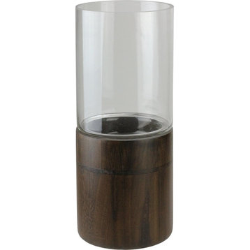 Clear Glass Hurricane Pillar Candle Holder With Wooden Base, 15.25"