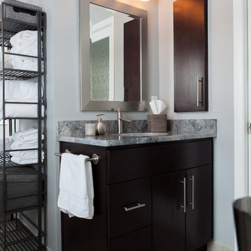 Master bath with enlarged shower and espresso bamboo vanity