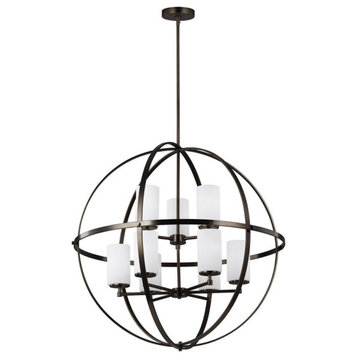 Nine Light Interlocking-Spherical Chandelier In Satin Bronze Etched/White