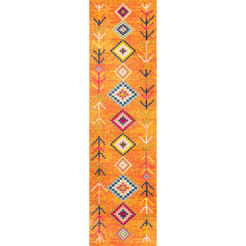 Tribal Love Geometric Area Rug, Orange/Multi, 2 X 8