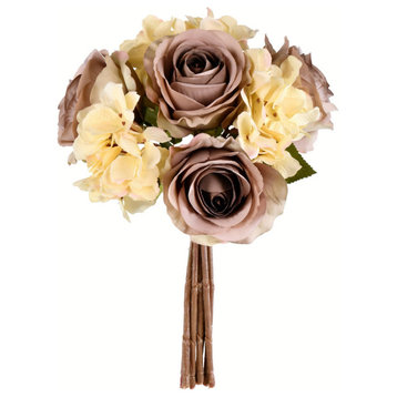 Artificial Rose and Hydrangea Bouquet , Ivory, 13"