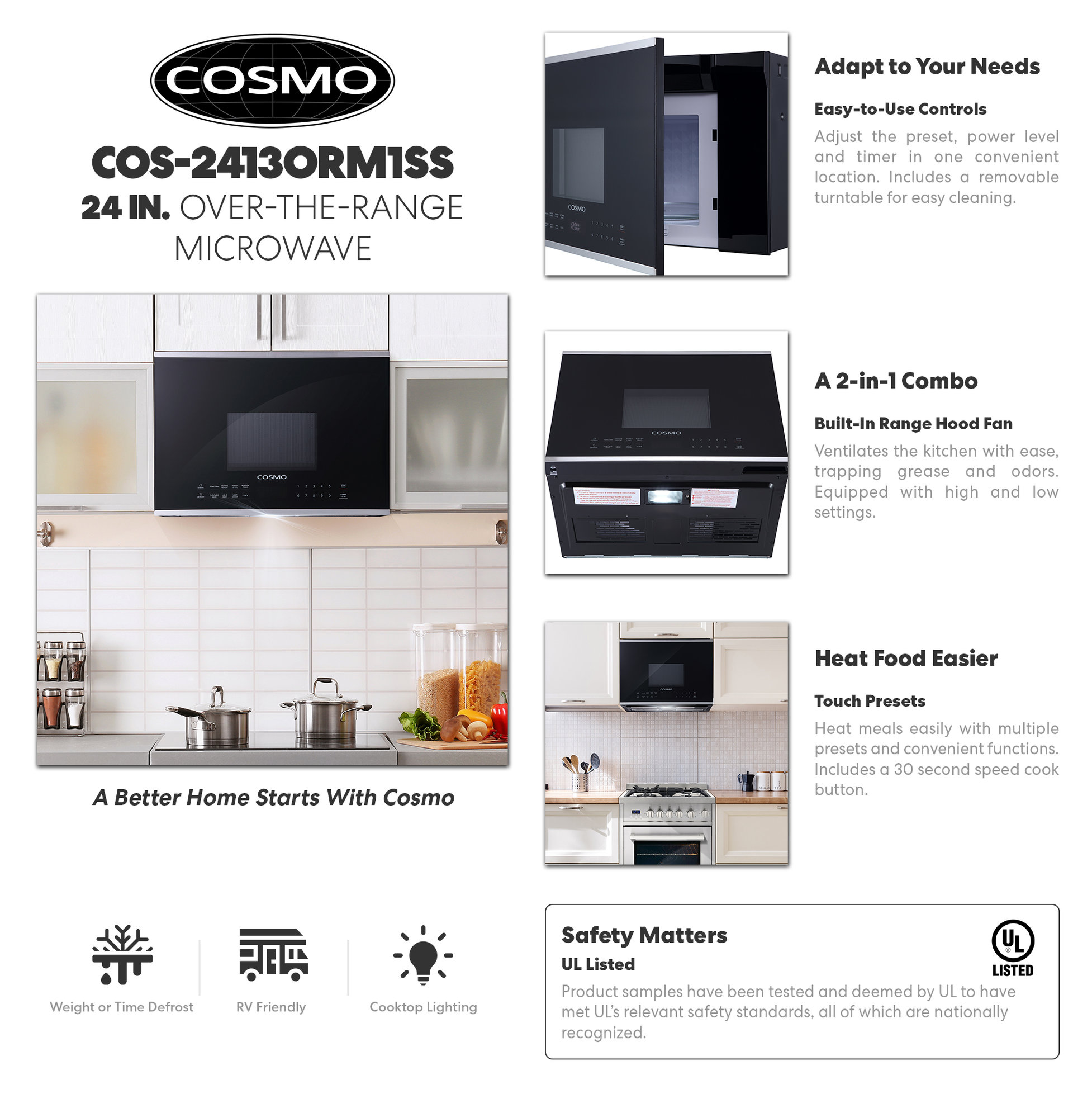 24" Over The Range Microwave Oven with Vent Fan, 1000W, 1.34 Cu. Ft. Capacity