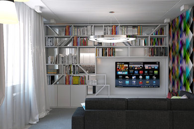 Mittelgroße, Offene Moderne Bibliothek ohne Kamin mit weißer Wandfarbe, braunem Holzboden und TV-Wand in Sonstige