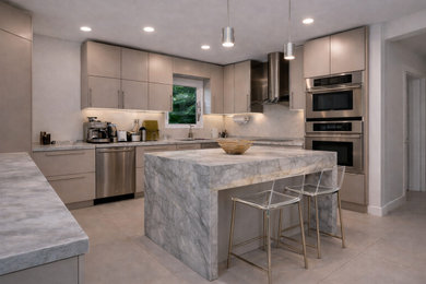 Example of a mid-sized trendy u-shaped ceramic tile and beige floor eat-in kitchen design in Miami with a farmhouse sink, flat-panel cabinets, beige cabinets, quartz countertops, beige backsplash, stainless steel appliances, an island and gray countertops
