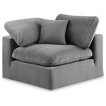 Meridian Furniture - Comfy Beige Linen Textured Fabric Modular Chair, Grey, Velvet, Corner Chair - Give your space a whole new look with this grey Comfy velvet corner chair. This handsome chair fits nicely with other items in the Comfy collection and is a versatile seating option designed for adaptability, comfort and style. Wrapped in rich grey durable velvet upholstery, this chair offers a plush embrace of overstuffed down feather cushions, carefully crafted to deliver the highest level of comfort. The perfect seat for creating an oasis for relaxation, this chair has thick foam surrounding its frame for added support and coziness.