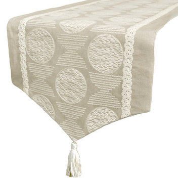 Decorative Table Runner Beige Linen 14"x36" Embroidery, Lace - Boho Linen Dreams