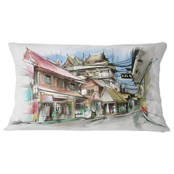 City Street Illustration Art Cityscape Street Throw Pillow, 12"x20"