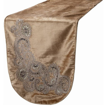 Velvet Table Runner Gold Fabric with Bead Embroidery 14" x 36"-Paisley Swirl