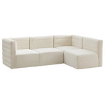 Meridian Furniture - Quincy Velvet Upholstered 4-Piece L-Shaped Modular Sectional, Cream - Show them all that less is more with the minimalist look of this Quincy velvet cloud-like comfort modular sectional. This elegant chair features a simple design that's all about comfort and modern style. The soft cream velvet upholstery is sleek to the touch, and the back of the unit features deep horizontal channel tufting for a look that wows. Because this is a modular seating option, you can pair it easily with other items in the Quincy collection to create a look you love. Latches underneath make it easy to mix and match items from the collection.