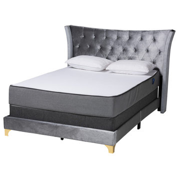Fae Velvet Queen Size Panel Bed, Gray/Gold