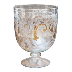 Pair of Etched Glass Hurricanes with Gold Accents - Cups And Glassware