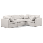 Meridian Furniture - Indulge Upholstered Modular L-Shaped Sectional, Cream, 4-Piece: 1 Armless Chair, 3 Corner Chair, Down Stuffed Linen Textured Fabric - Unwind in tranquil elegance with the Indulge Linen Sectional. Imagine sinking into the plush embrace of this lush sectional, crafted from rich, textured cream linen that feels soft and inviting against your skin. Overstuffed down feather cushions cradle you in cloud-like comfort, while the solid wood frame provides unwavering support. This modular masterpiece isn't just furniture - it's a blank canvas for creating your dream living space. Arrange the versatile pieces in countless configurations, from a sprawling entertainment zone for movie nights to intimate reading nooks for quiet moments. Indulge in the ultimate comfort, endless possibilities, and timeless elegance.