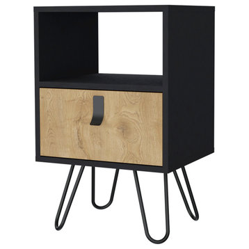 Kimball Nightstand, Ample Storage Design With Hairpin Legs, Drawer An Open Shelf