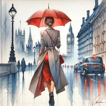 Rainy Day Stroll in London - Watercolor Canvas Print