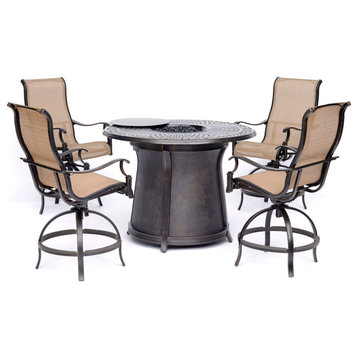 Manor 5-Piece High-Dining Set, Tan With 4 Swivel Chairs and Cast-top Fire Pit